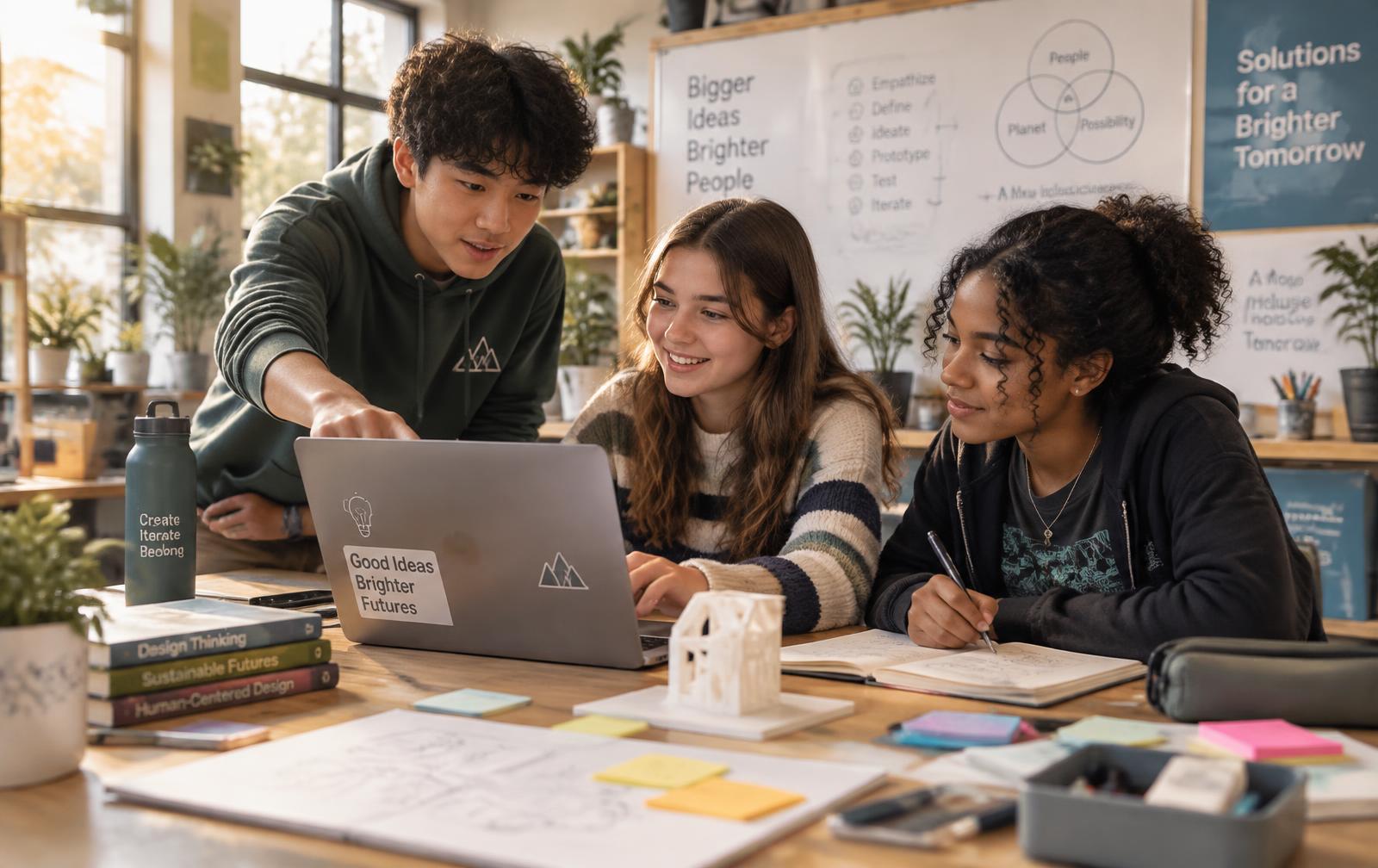 Middle and high school students collaborating around a laptop in a bright innovation studio