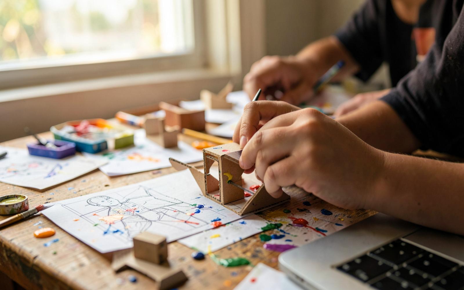 Student hands building a prototype with paint, sketches and cardboard models