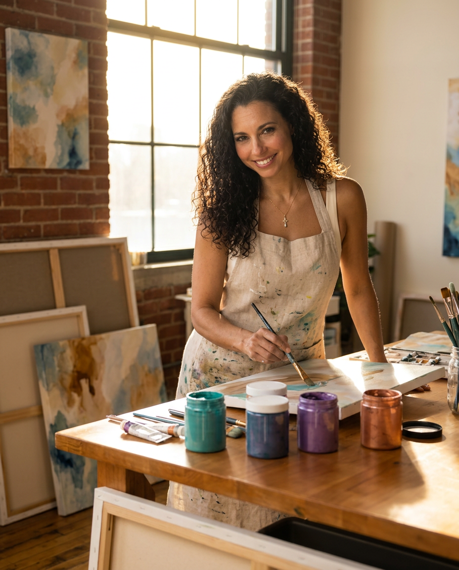 Krizia Guerra painting at a sunlit studio worktable surrounded by pigment jars and canvases