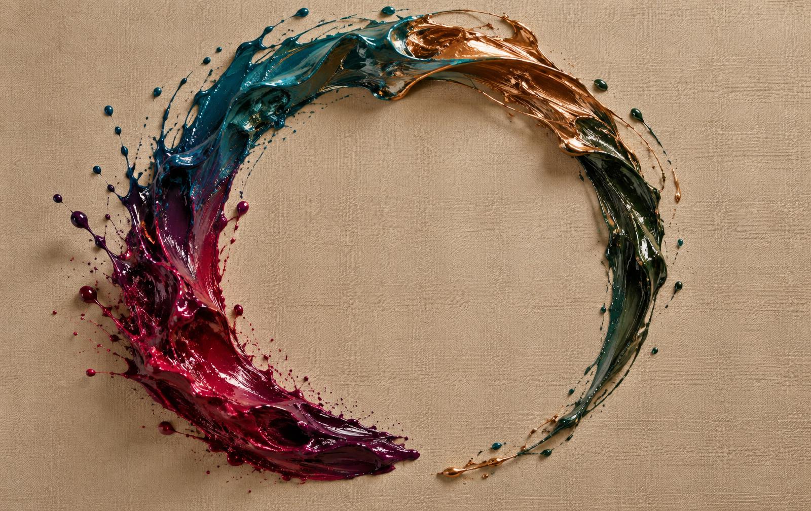 Wet rose, amethyst, teal, copper and evergreen paint sweeping around raw canvas in an unfinished circle