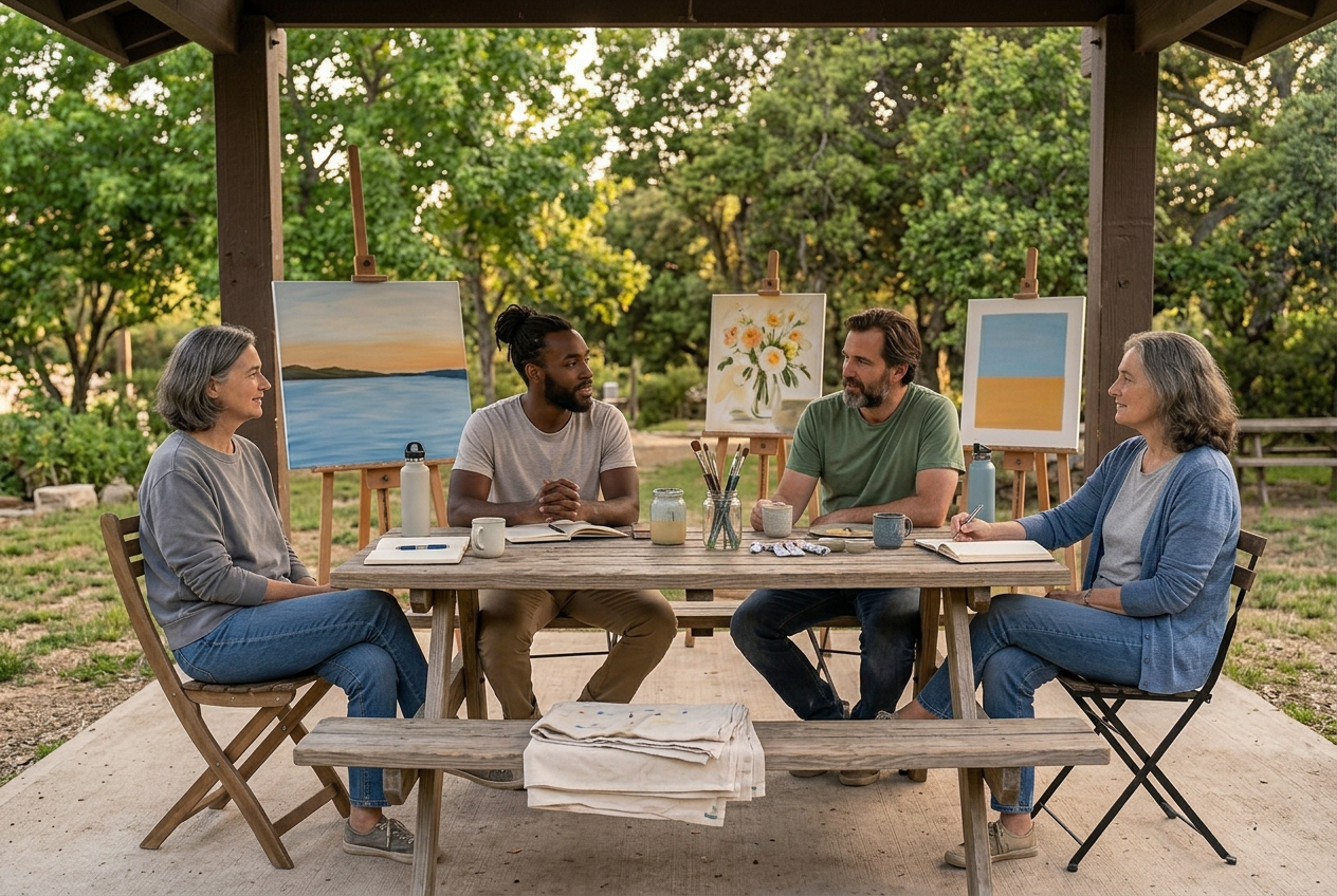 A retreat group reflecting together at golden hour among their finished paintings
