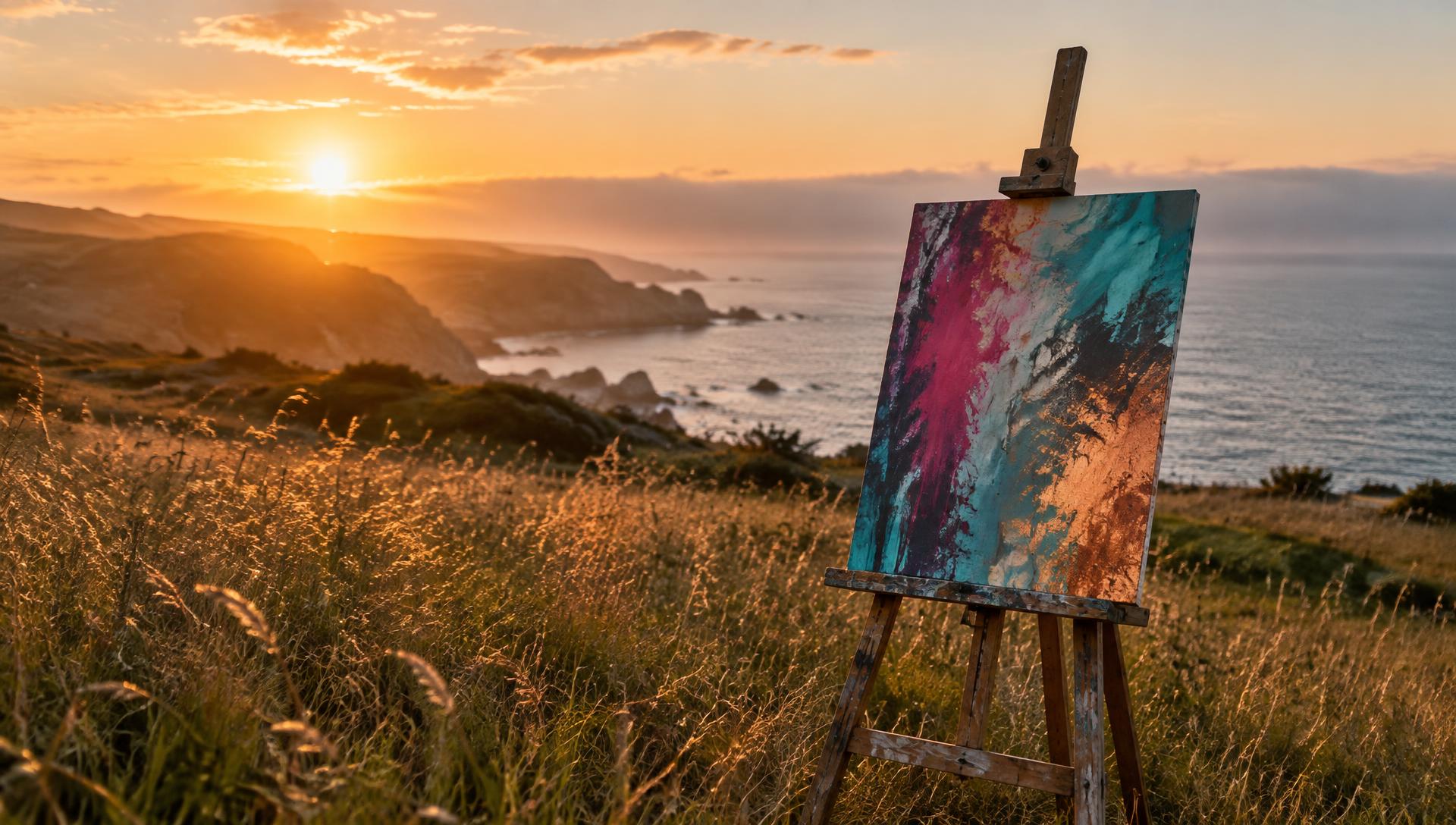 A paint-streaked canvas on a wooden easel in a coastal meadow at sunrise