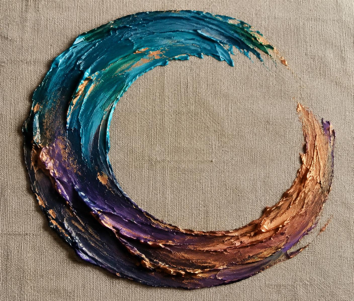 Teal and copper paint thrown in a sweeping open arc across raw canvas